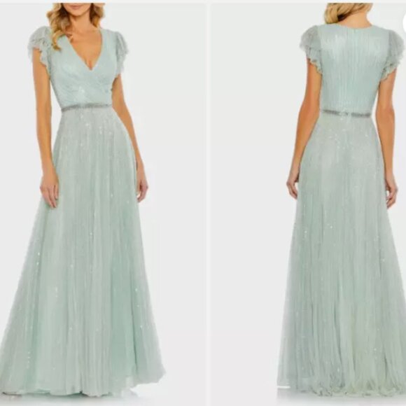 MAC DUGGAL 5502 SEQUINED WRAP OVER RUFFLED CAP SLEEVE SEAMIST GOWN sz 2 - Picture 6 of 6